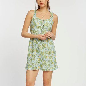 LEMON FLORAL LINEN MINI RUFFLE TANK DRESS